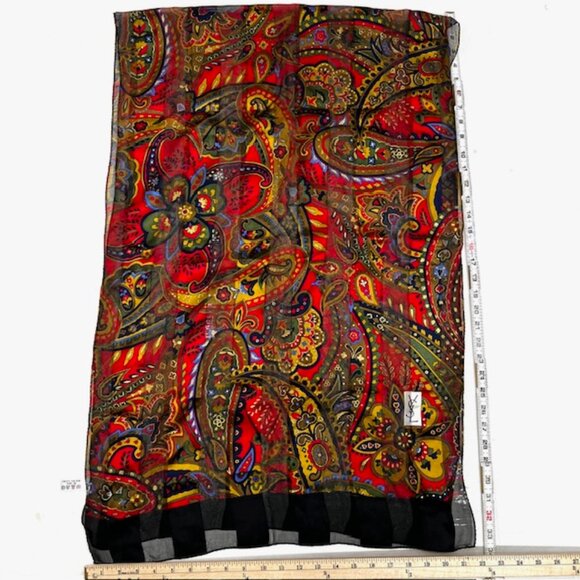 Unused Yves Saint Laurent 100% Silk Chiffon/Satin scarf 68x23 Black Red Flora(32 - Picture 15 of 16